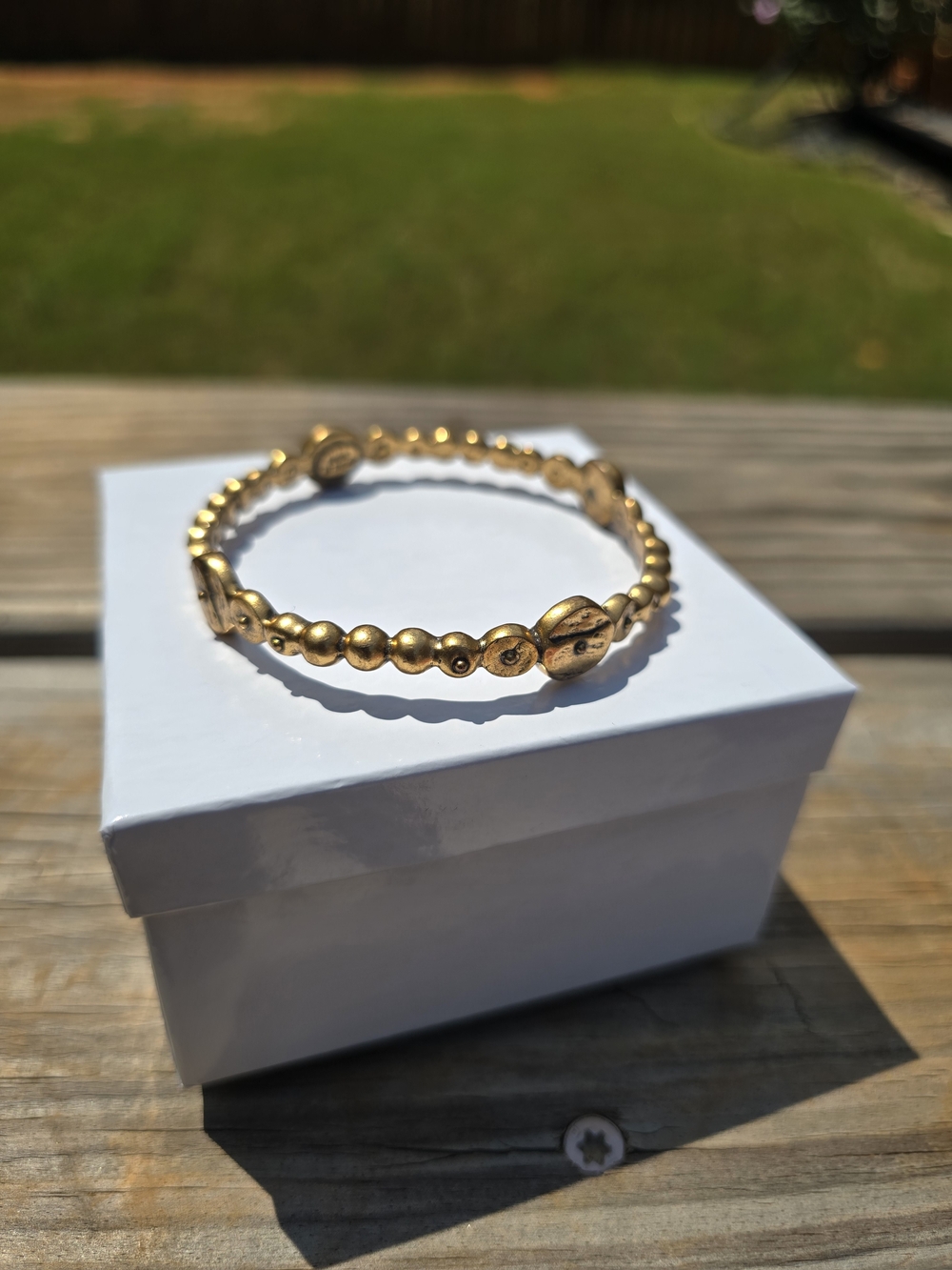 Vintage Oscar de la Renta Signed Antiqued Gold-Tone Beaded Coin Station Bangle